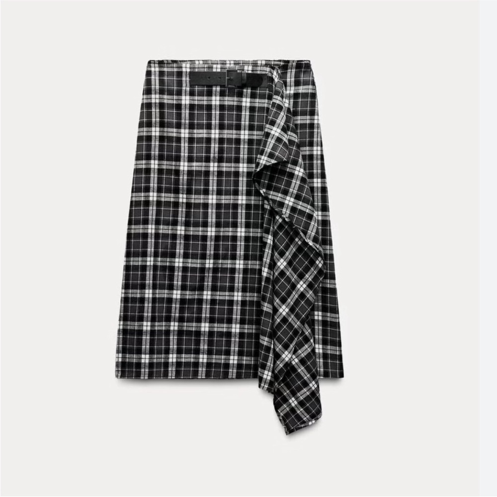 NWT Zara 100% Cotton Belted Black, White, Gray Plaid Midi Skirt (S)